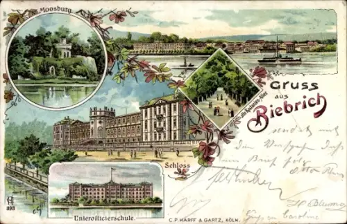 Litho Biebrich am Rhein Wiesbaden, Moosburg, Schloss, Unteroffizierschule