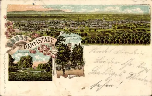 Litho Darmstadt in Hessen, Gesamtansicht, Turm auf Ludwigshöhe