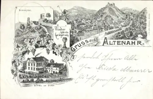 Litho Altenahr im Ahrtal, Gesamtansicht, Burgruine, Hotel zur Post