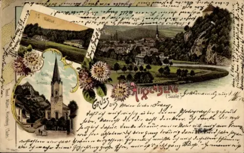 Litho Hirschberg an der Saale, Gesamtansicht, Waldlust, Kirche, Schloss