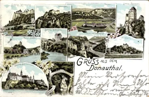 Litho Beuron Württemberg, Wildenstein, Schlösser, Ruine, Werenwag, Mühlheim, Sigmaringen