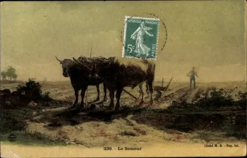 Ak Le Semeur, Rinderpflug, Landwirtschaft