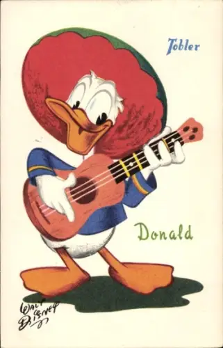 Künstler Ak Walt Disney, Donald Duck, Gitarre, Sombrero, Reklame, Tobler Schokolade