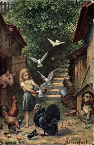 Künstler Ak Herrfurth, Oskar, Mädchen füttert Tiere, Pute, Schwein, Tauben, Hund, Hühner