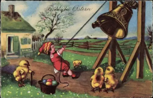Künstler Ak Glückwunsch Ostern, Kind, Glocke, Küken, Ostereier