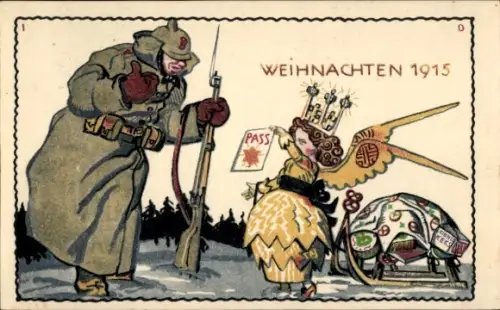 Künstler Ak Kriegsweihnacht 1915, Soldat auf Wachtposten, Engel mit Pass, Bahlsens Leibniz Keks