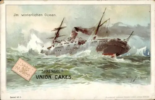 Künstler Litho Stöwer, Willy, Im winterlichen Ozean, Sprengels Union Cakes, Dampfschiff