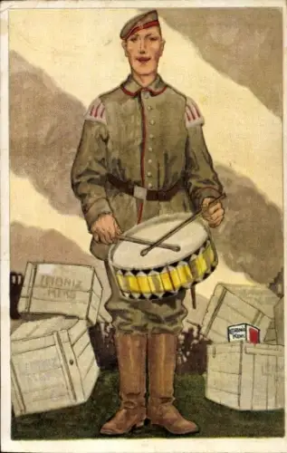 Künstler Ak Deutscher Soldat, Tambour, Leibniz Keks, H. Bahlsens Keks Fabrik Hannover