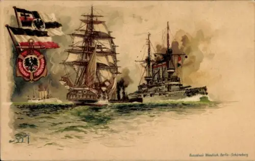 Wappen Künstler Litho Bohrdt, Hans, Segelschiff, Kriegsschiff, Deutscher Flottenverein