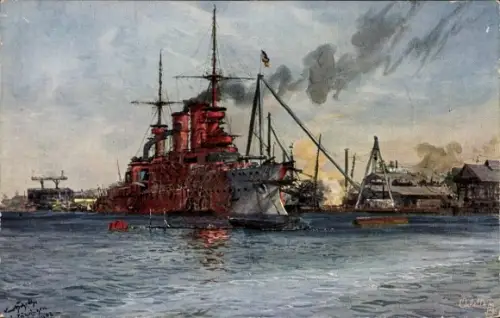 Künstler Ak Deutsches Kriegsschiff, Linienschiff Zähringen, Kaiserl. Werft, Instandsetzungsarbeiten