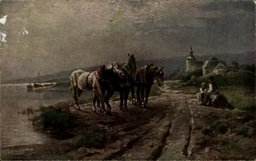 Künstler Ak Landschaft, Pferde