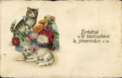 Künstler Ak Glückwunsch Namenstag, Katzen, Blumen