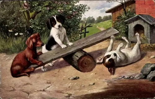Künstler Ak Spielende Hunde, Wippe