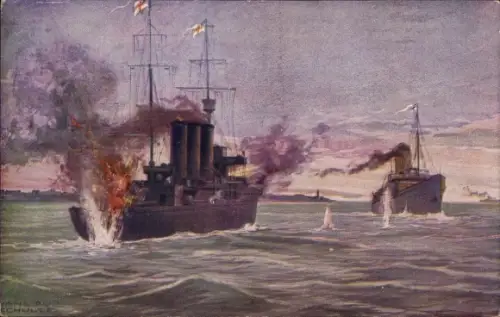 Künstler Ak Schulze, Hans Rudolf, Deutsches Kriegsschiff, Königin Luise, Englischer Minensucher