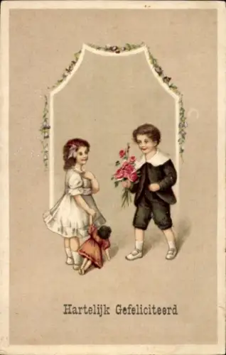 Ak Glückwunsch, Mädchen mit Puppe, Junge mit Rosen