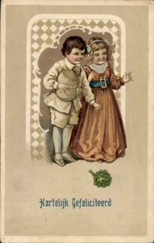 Präge Litho Glückwunsch, Kinder mit Geldsack