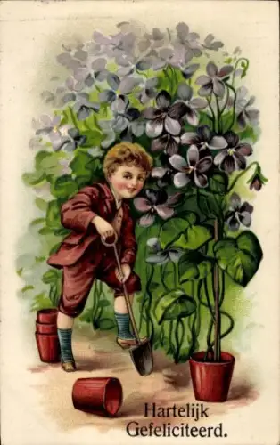 Litho Glückwunsch, Junge mit Schaufel, Blumen, Garten