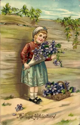Litho Glückwunsch, Mädchen mit Blumen