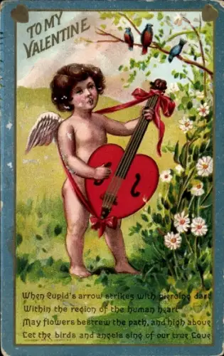 Präge Ak Valentinstag, Amor mit Gitarre