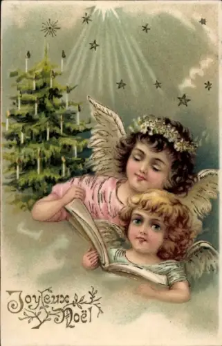 Litho Frohe Weihnachten, Engel, Tannenbaum