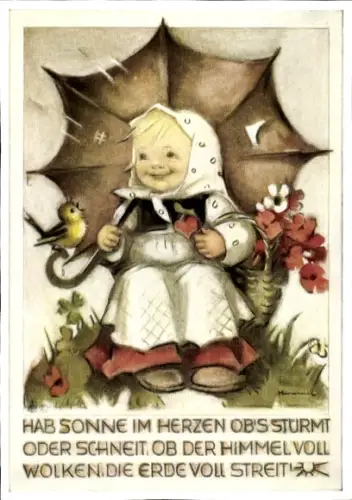 Künstler Ak Hummel, Berta, Nr. 5832, Hab Sonne im Herzen, Mädchen mit Regenschirm