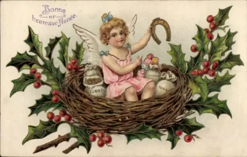 Präge Ak Glückwunsch Neujahr, Engel, Hufeisen, Stechpalme