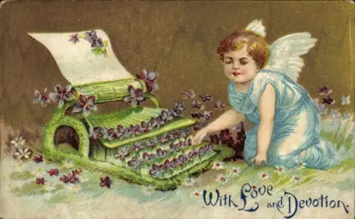 Litho Mit Liebe und Hingabe, Engel, Schreibmaschine mit Blumen