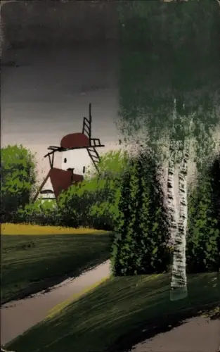 Handgemalt Ak Ortspartie, Windmühle, Birken