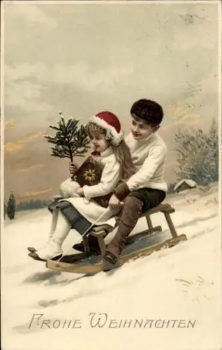 Ak Frohe Weihnachten, Kinder beim Schlittenfahren, Tannenbaum