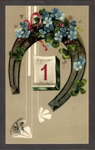 Ak Glückwunsch Neujahr, Kleeblatt, Kalender, Hufeisen, Vergissmeinnicht