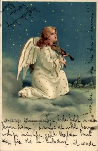 Litho Glückwunsch, Weihnachten, Engel, Geige