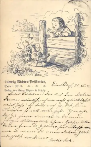 Künstler Ak Richter, Ludwig, Kind mit Huhn, Serie I Nr. 9