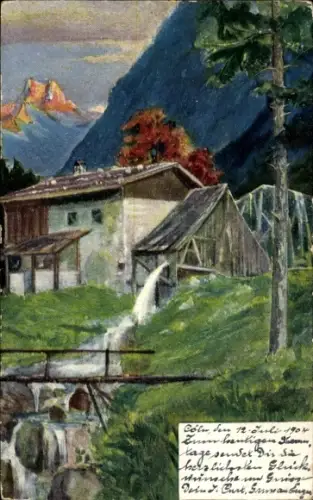 Künstler Ak Berglandschaft, Wassermühle