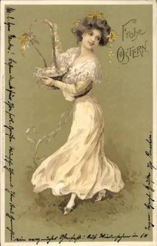 Litho Glückwunsch Ostern, Junge Frau mit einem Korb voller Ostereier