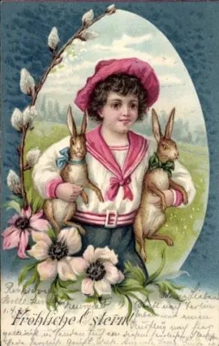 Litho Glückwunsch Ostern, Kind mit Hasen, Weidenkätzchen