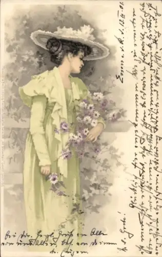 Künstler Ak Frau mit Hut, Blumen, Portrait
