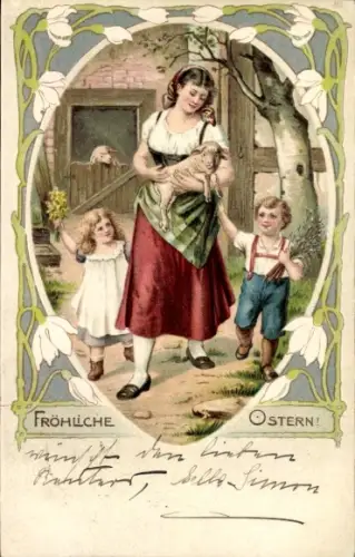 Jugendstil Passepartout Litho Glückwunsch Ostern, Frau, Kinder, Lamm, Schneeglöckchen