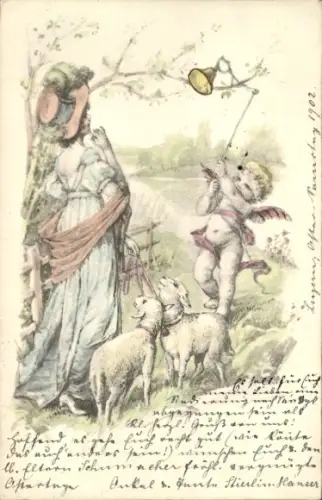 Ak Frohe Ostern, Engel, junge Frau, Lämmer