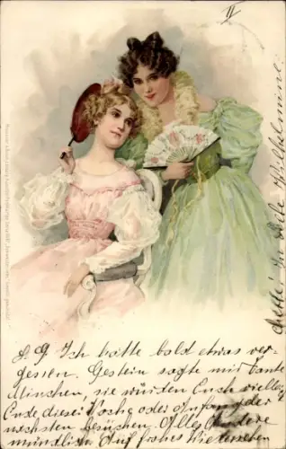 Litho Zwei elegante Frauen, Fächer, Portrait