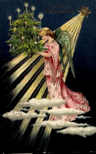 Präge Ak Frohe Weihnachten, Engel, Tannenbaum