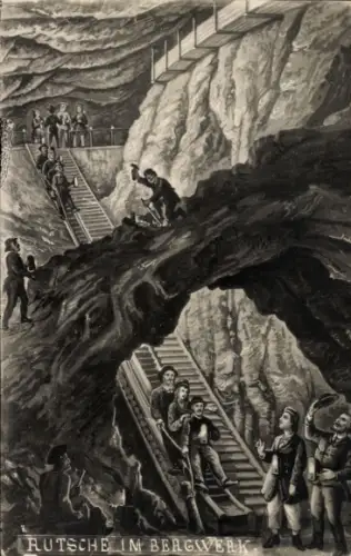 Künstler Ak Rutsche im Bergwerk, Bergleute