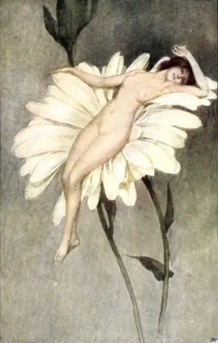 Künstler Ak Frauenakt, nackte weibliche Figur auf weißer Blume