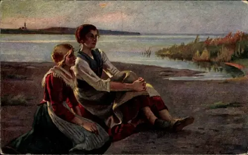 Künstler Ak Seepanorama, Frauen am Ufer
