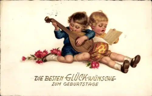 Künstler Ak Glückwunsch Geburtstag, musizierende Kinder