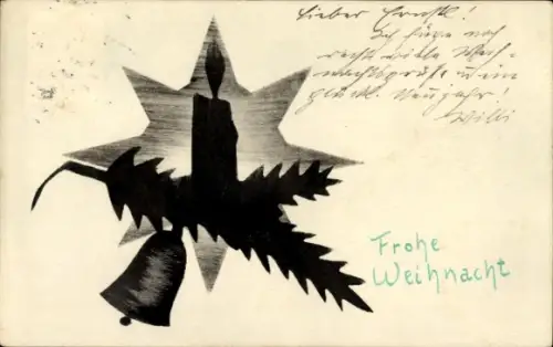 Ak Frohe Weihnachten, Tannenzweig, Kerze, Glocke