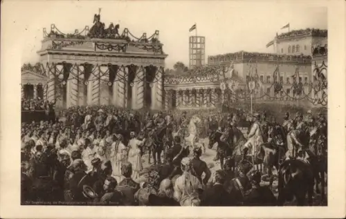 Künstler Ak Camphausen, Berlin Mitte, Einzug der Truppen, Brandenburger Tor, Rotes Kreuz