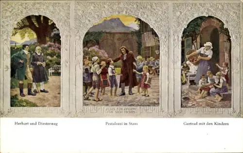 Künstler Ak Herbart und Diesterweg, Pestalozzi in Stans, Gertrud mit den Kindern