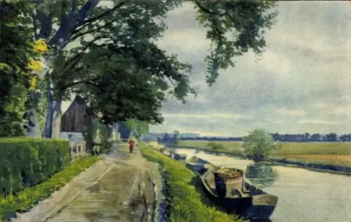 Künstler Ak Kanalpartie, Uferpartie, Boote, Haus