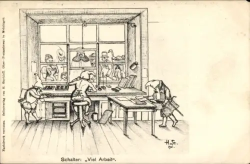 Künstler Ak Starkloff, H., Post, Schalter, Viel Arbeit