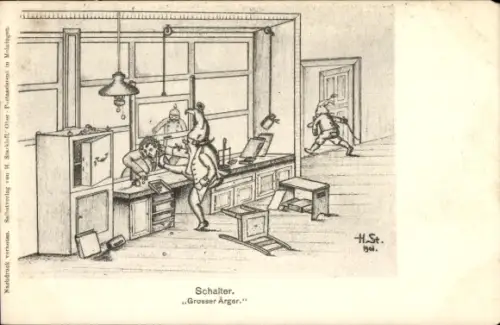 Künstler Ak Starkloff, H., Post, Schalter, Großer Ärger